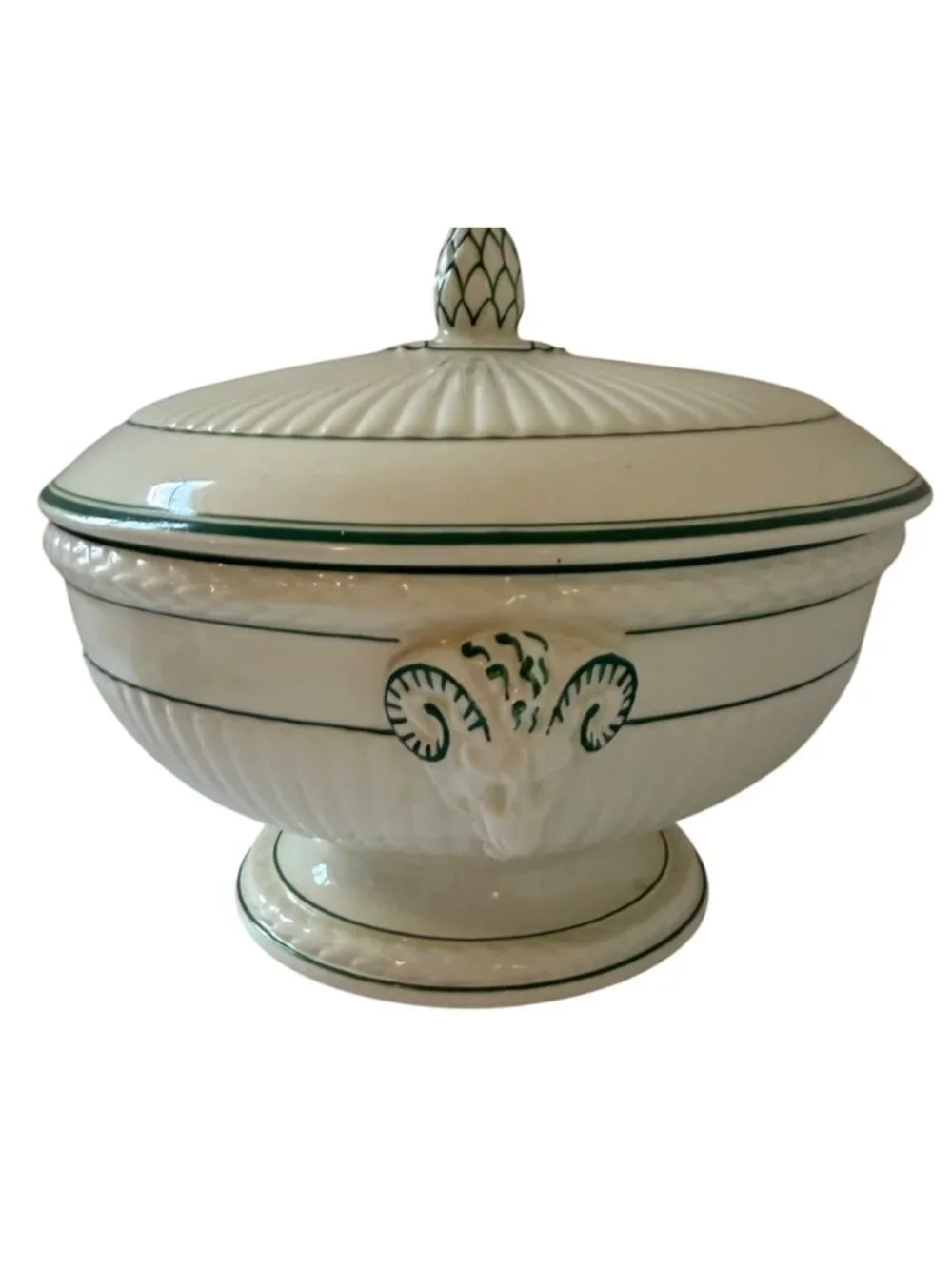 Vintage Wedgwood EDME Covered Tureen Green Trim Rams Head Handles England